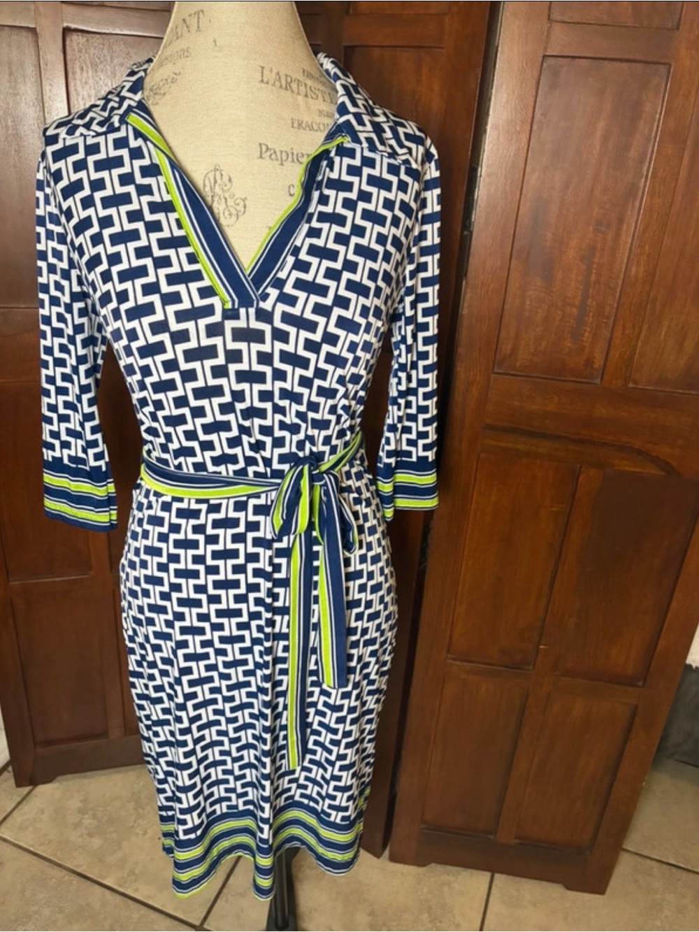Mlle Gabrielle Navy and Lime Geometric Wrap Dress